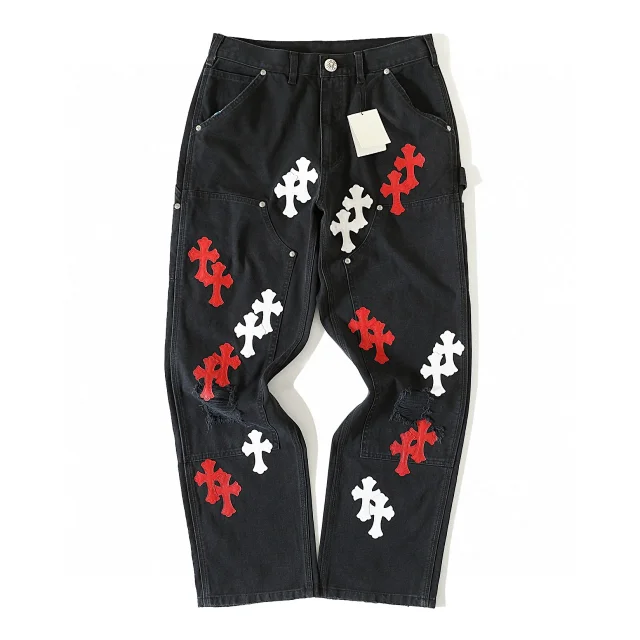 Black Painter Jeans with Cross Embroidery