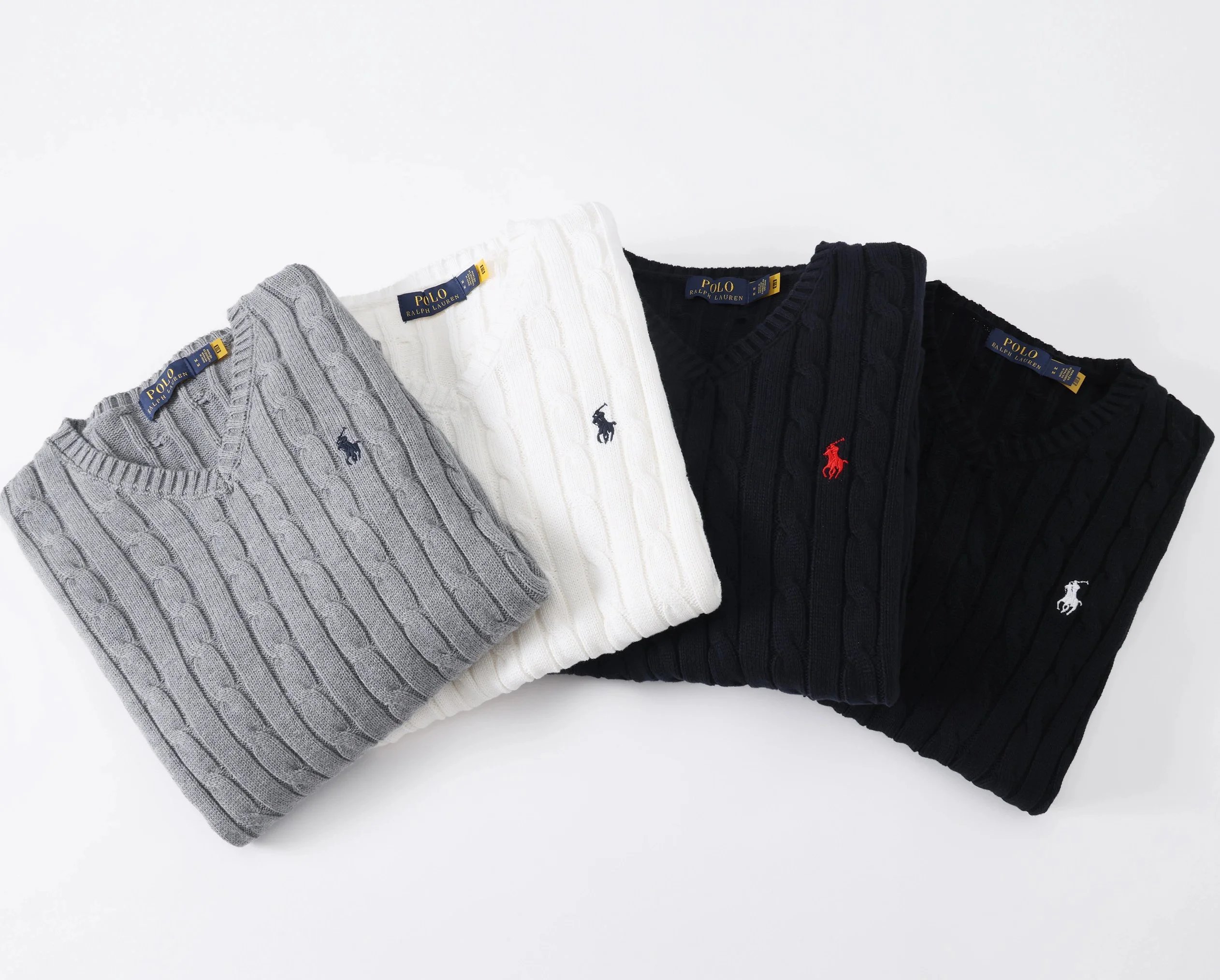 Polo Ralph Lauren Grey White Black Cable Knit V-Neck Sweaters