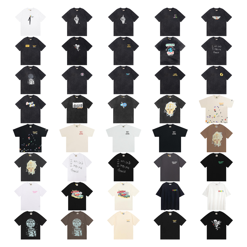 Various T-Shirts in Black, White, and Beige with Unique Graphic Prints