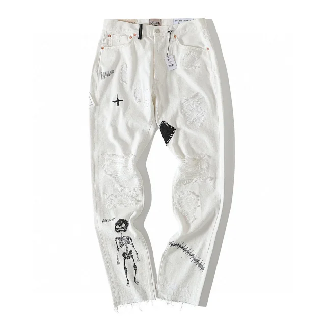 White Distressed Jeans with Embroidery