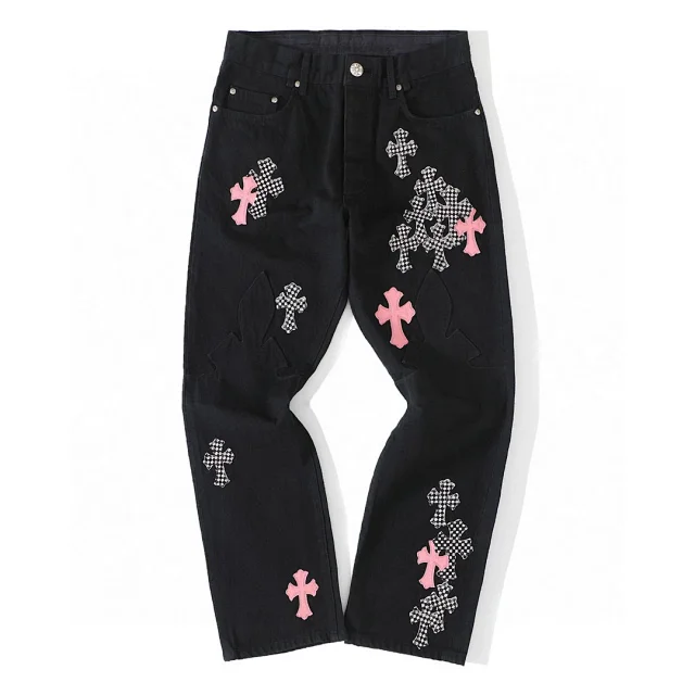 Black Cross Embroidered Jeans