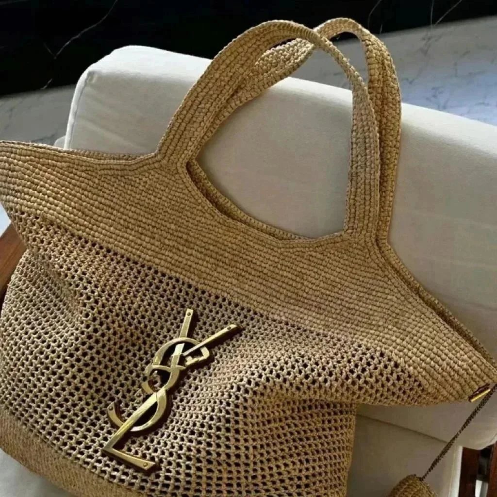 YSL Beige Raffia Tot