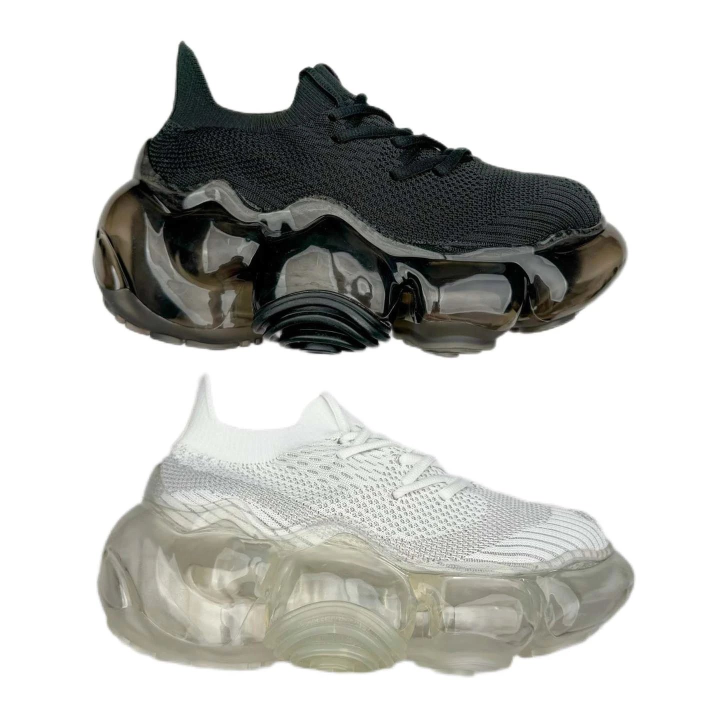 Black and White Knit Sneakers with Clear Sole