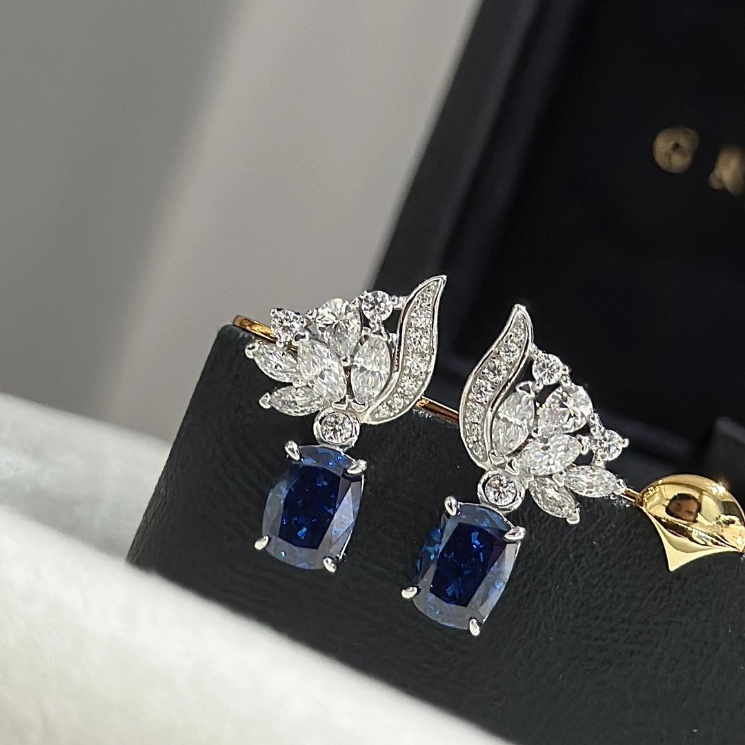 Silver Blue Sapphire Earrings with Diamond Accents