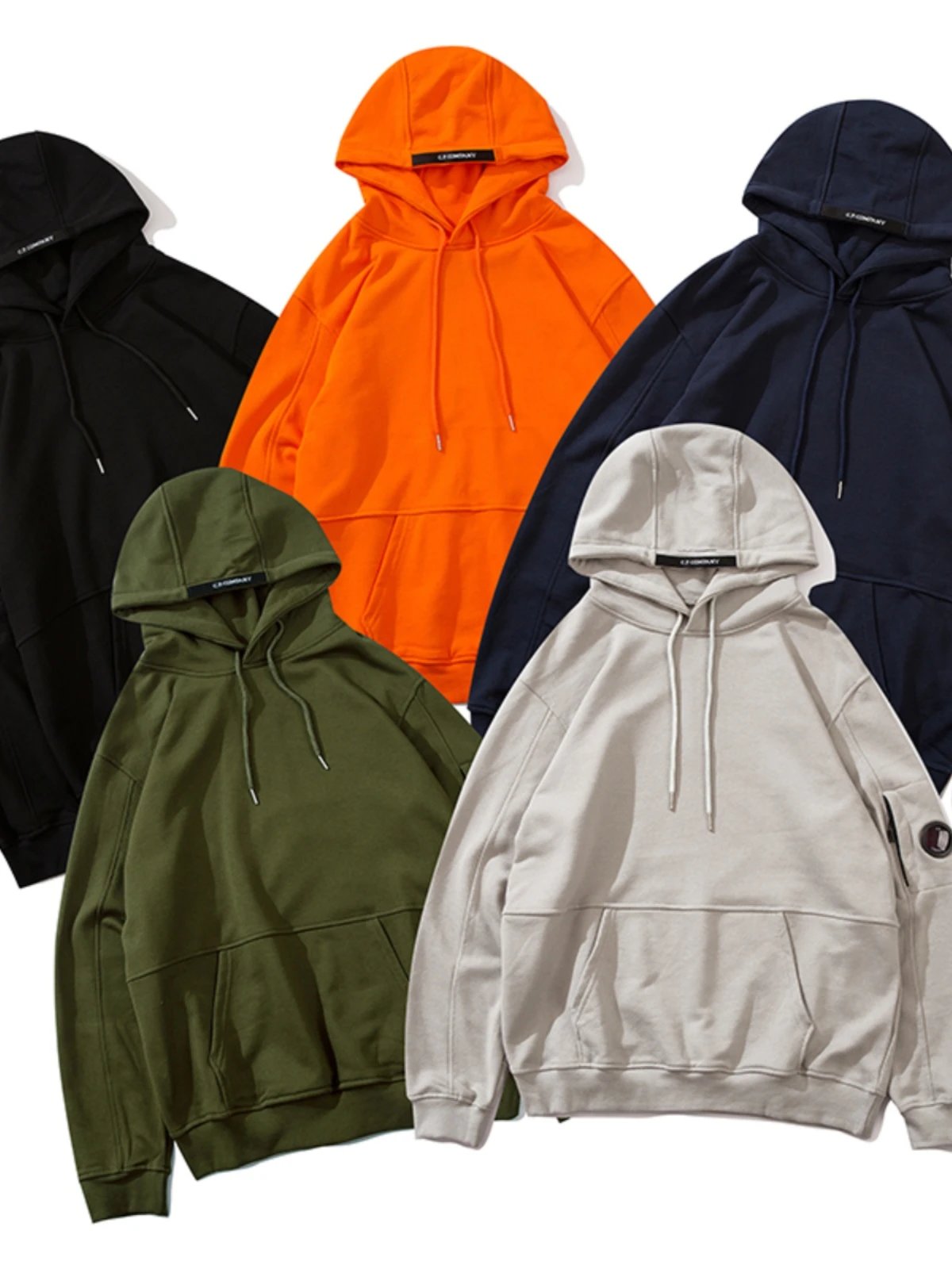 Unisex Hooded Sweatshirt in Black, Orange, Navy, Olive, and Beige