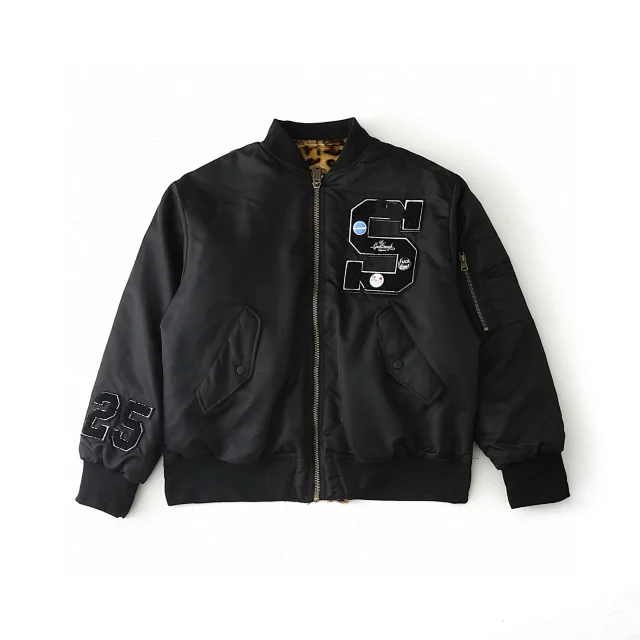 Black Reversible Bomber Jacket with Embroidered Details