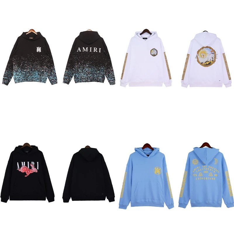 Amiri Black Gradient Hoodie, Amiri White Hoodie with Gold Sleeves, Amiri Blue Hoodie with Gold Accen