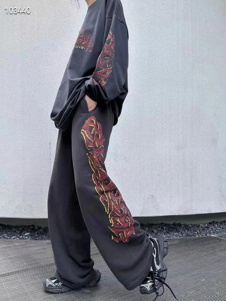 Black Wide Leg Pants with Red and Gold Design